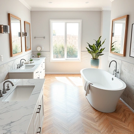 Completed bathroom remodel in Goodyear AZ featuring marble countertops, chrome fixtures, and a freestanding soaking tub.