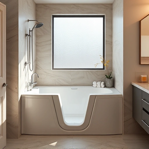 Walk-in tub installation in Tolleson AZ featuring sleek design, chrome fixtures, tiled walls, and stylish accessories.