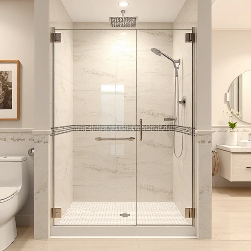 Contemporary walk-in shower replacement in Phoenix AZ with polished tiles, glass enclosure, and chrome fixtures.
