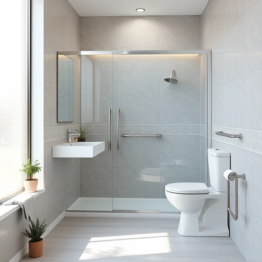 Accessible bathroom remodeling in Phoenix featuring grab bars, roll-in shower, modern fixtures, and soothing colors.
