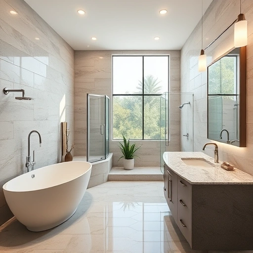 Bathroom remodel in Alhambra AZ featuring elegant fixtures, freestanding tub, double sink vanity, and walk-in shower.