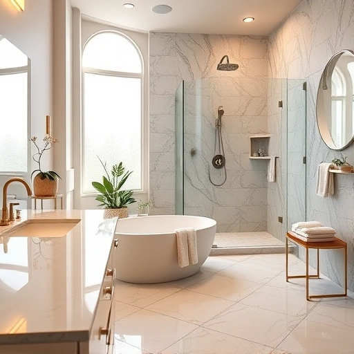 Luxurious bathroom remodel in Stetson Valley AZ with marble countertops, freestanding tub, and spacious walk-in shower.
