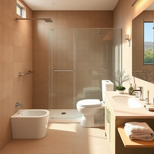 Handicap bathroom remodeling in Phoenix featuring accessible design, walk-in shower, raised toilet, and warm earth tones.