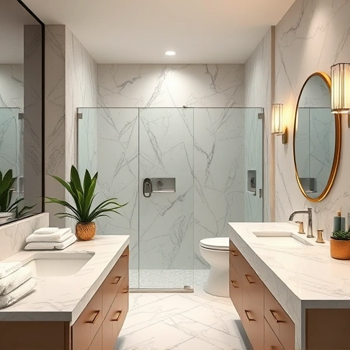 Completed bathroom remodel in Carefree AZ featuring marble countertops, polished chrome fixtures, and a spacious walk-in shower.
