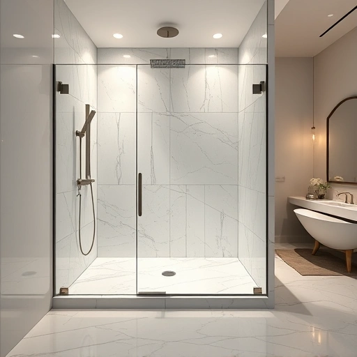 Curbless shower installation in Phoenix with marble tiles, brushed nickel fixtures, and a minimalist bathroom design.