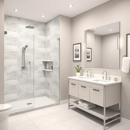Modern bathroom remodel in Stetson Valley AZ with walk-in shower, double sink vanity, and elegant decor.