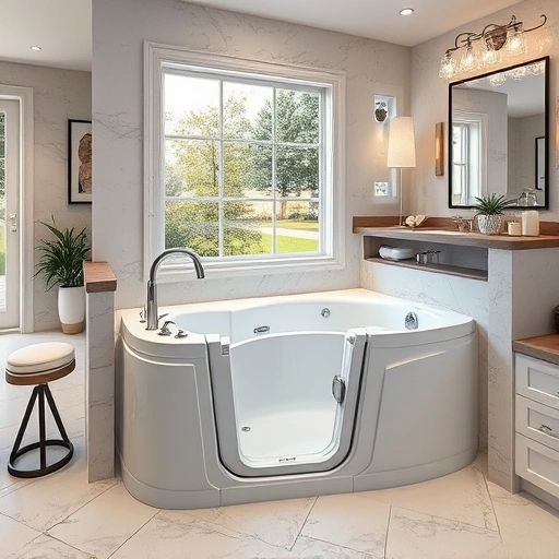 Completed walk-in tub installation in a luxurious bathroom featuring air jets, elegant tiles, and ambient lighting.