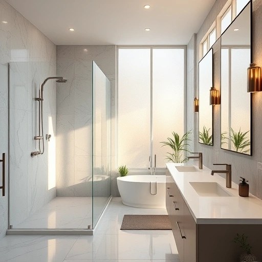 Modern bathroom remodel in Tramonto AZ featuring elegant fixtures, walk-in shower, freestanding tub, and serene decor.