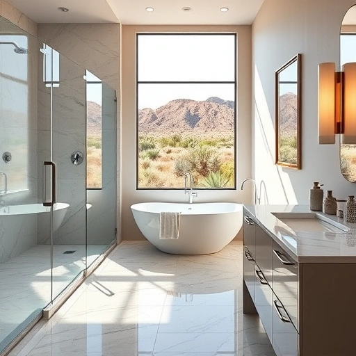 Luxurious bathroom remodel in Sonoran Foothills featuring a walk-in shower, soaking tub, marble counters, and soft earth tones.
