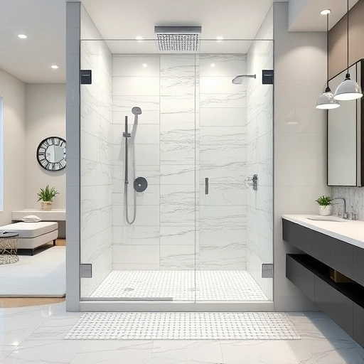 Modern walk-in shower remodel in Phoenix with sleek white and gray tiles, chrome fixtures, and ambient lighting.