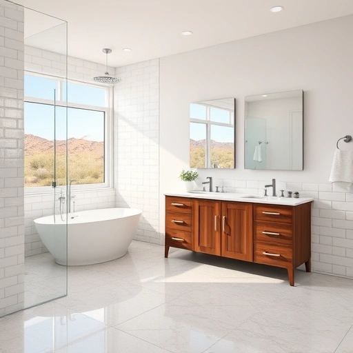 Completed bathroom remodel in Desert View Village AZ features modern design, freestanding tub, and stylish fixtures.