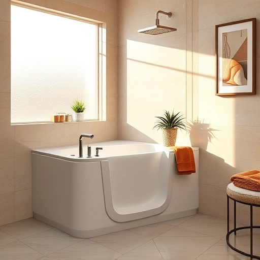 Walk-In Tub Installation in Goodyear AZ featuring elegant design, polished tiles, and warm natural light creating a serene ambiance.