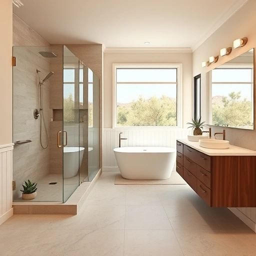 Modern bathroom remodel in Phoenix featuring earthy tones, walk-in shower, freestanding tub, and double vanity.