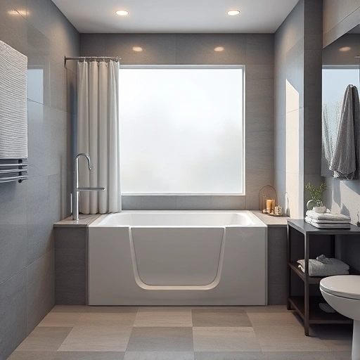 Walk-In Tub Installation in Scottsdale featuring a white tub in a modern bathroom with gray tiles and ambient lighting.
