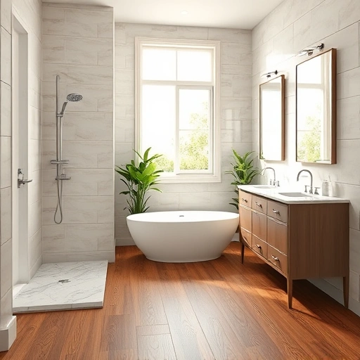 Spacious modern bathroom in Encanto AZ with freestanding tub, double vanity, and elegant fixtures.