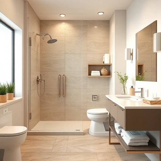 Senior bathroom remodel in Phoenix featuring a spacious walk-in shower, stylish non-slip flooring, and modern fixtures.