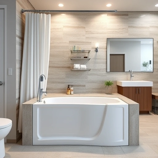 Walk-in tub installation in a modern bathroom in New River AZ features chrome fixtures and neutral-toned tiles.