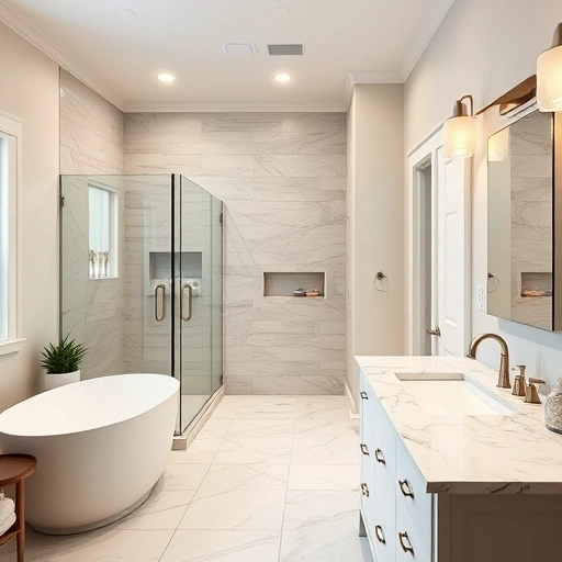 Completed bathroom remodel in Litchfield Park AZ featuring modern fixtures, walk-in shower, and freestanding tub.