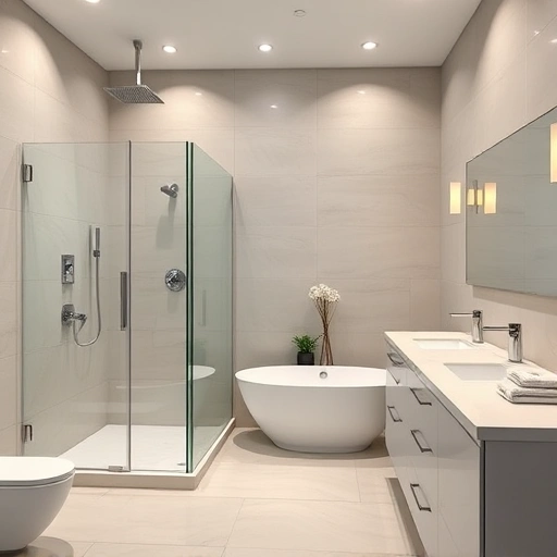 Spacious modern bathroom in Maryvale AZ with walk-in shower, freestanding tub, double vanity, and elegant decor.