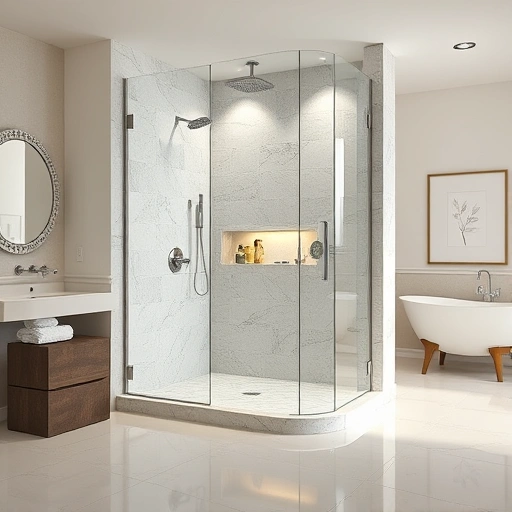 Custom walk-in shower design in Phoenix AZ with glass panels, elegant tiles, stone accents, and rainfall showerheads.