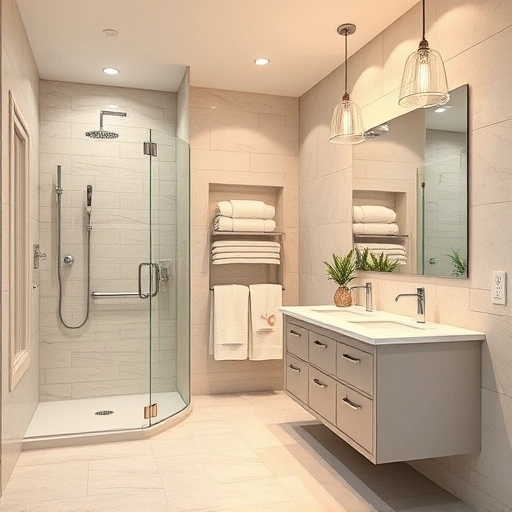 Modern bathroom remodel in Encanto AZ featuring walk-in shower, double vanity, elegant fixtures, and serene ambiance.