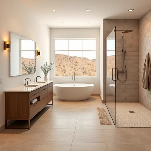 Spacious modern bathroom remodel in Phoenix with freestanding tub, double sink vanity, and walk-in shower.