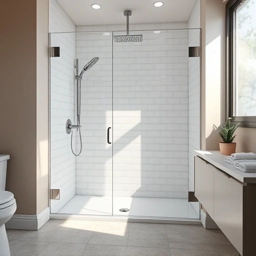 Walk-in shower renovation in Phoenix featuring modern fixtures, white subway tiles, and a rainfall showerhead.