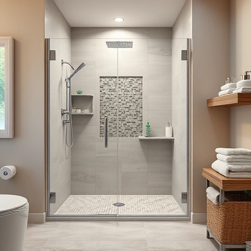 Walk-in shower renovation in Phoenix featuring modern fixtures, tiled walls, rainfall showerhead, and serene ambiance.