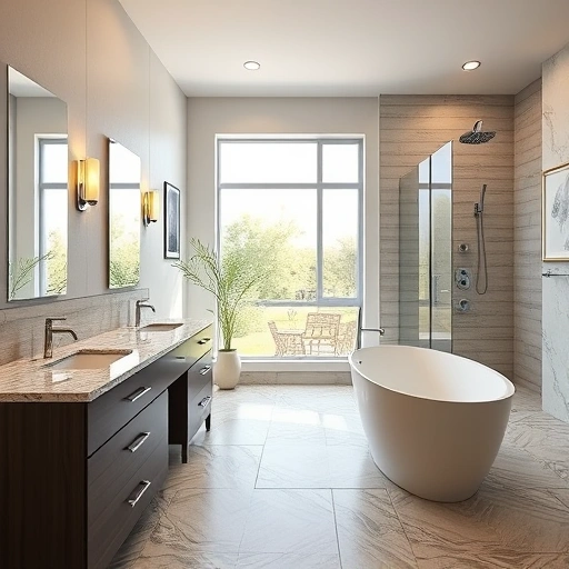 Spacious remodeled bathroom in Surprise AZ features modern design, freestanding tub, double vanity, and walk-in shower.