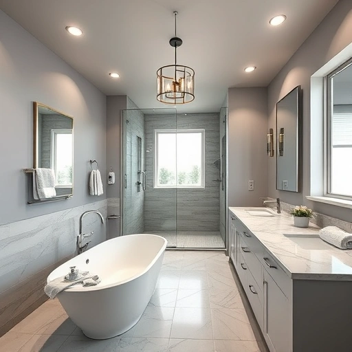 Completed bathroom remodel in Anthem AZ with modern fixtures, freestanding tub, walk-in shower, and elegant marble countertops.