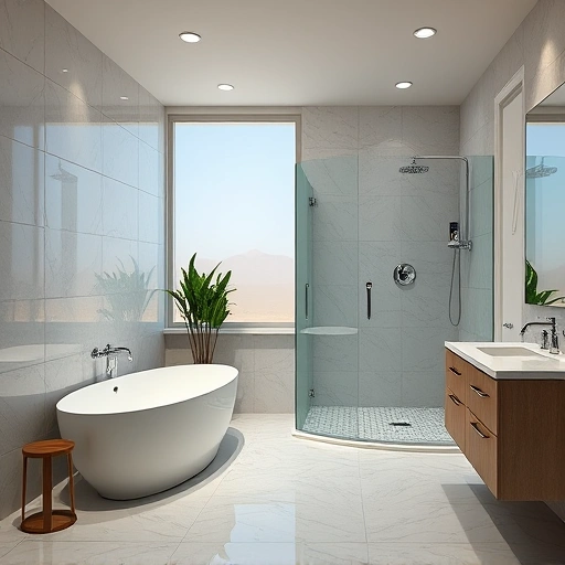 Bathroom remodel in Mesa AZ featuring a freestanding tub, marble countertops, chrome fixtures, and stylish tiles.