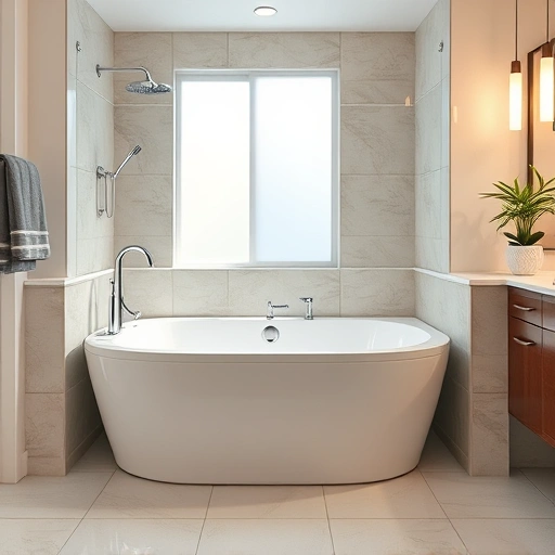 Modern walk-in tub installation in Peoria AZ featuring sleek white design, chrome fixtures, and neutral tile work.