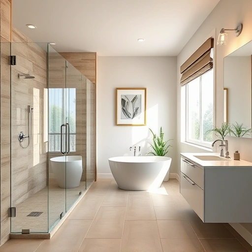 Completed bathroom remodel in Goodyear AZ with walk-in shower, freestanding tub, double sink vanity, and ambient lighting.