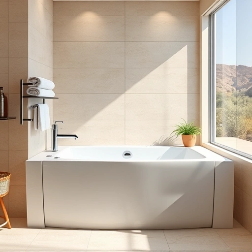 Walk-in tub installation in a modern Paradise Valley bathroom with beige tiles and serene desert views.
