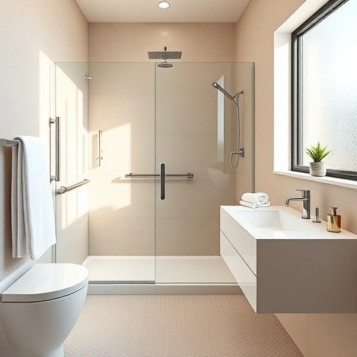 Accessible bathroom remodel in Phoenix featuring a spacious design, walk-in shower, grab bars, and soft beige tones.