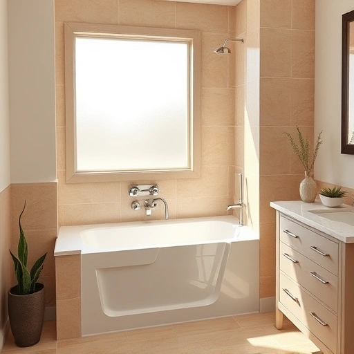 Walk-in tub installation in a modern Phoenix bathroom with elegant fixtures, warm colors, and stylish decor.