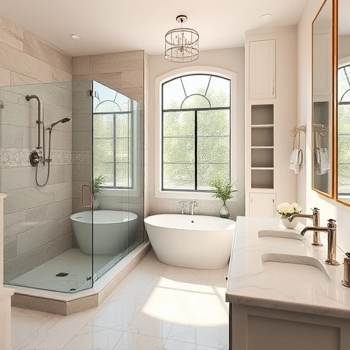 Completed bathroom remodel in Sunnyslope AZ featuring elegant fixtures, walk-in shower, freestanding tub, and modern design.