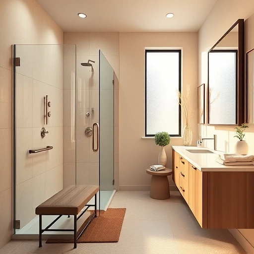 A modern Aging-in-Place bathroom in Phoenix featuring a walk-in shower, grab bars, and stylish accessories.
