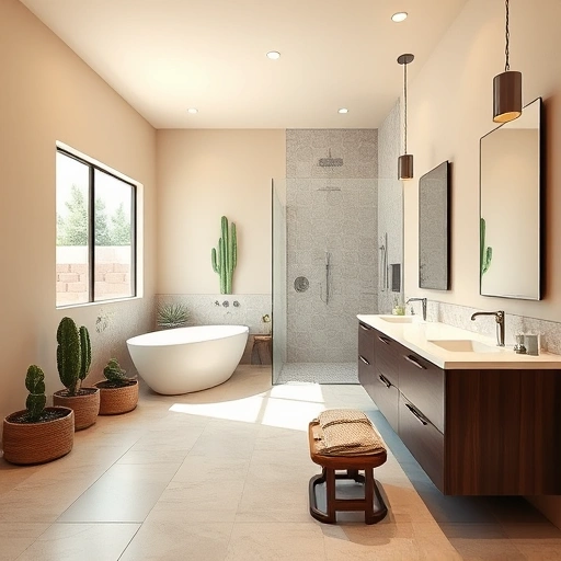 Spacious Phoenix bathroom with warm beige walls, freestanding tub, walk-in shower, and dark wood double vanity.