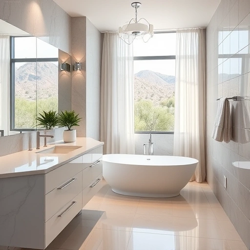 Luxurious modern bathroom remodel in Paradise Valley AZ with marble countertops, chrome fixtures, and serene decor.
