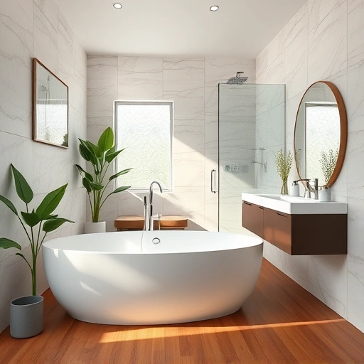 Completed bathroom remodel in Phoenix featuring a freestanding tub, marble countertops, and modern design elements.