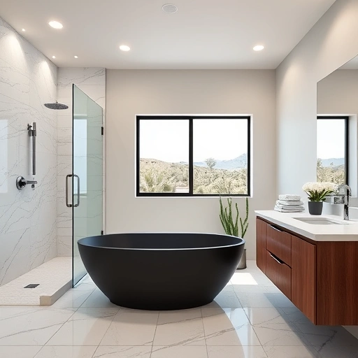 Completed bathroom remodel in Sun City West AZ with modern fixtures, freestanding black tub, marble tiles, and double vanity.