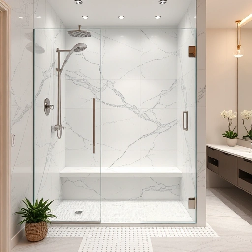 Luxury walk-in shower remodeling in Phoenix with marble tiles, brushed nickel fixtures, and ambient lighting.