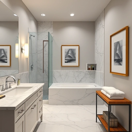 Elegant bathroom remodel in Moon Valley AZ with marble countertops, chrome fixtures, and ambient lighting.