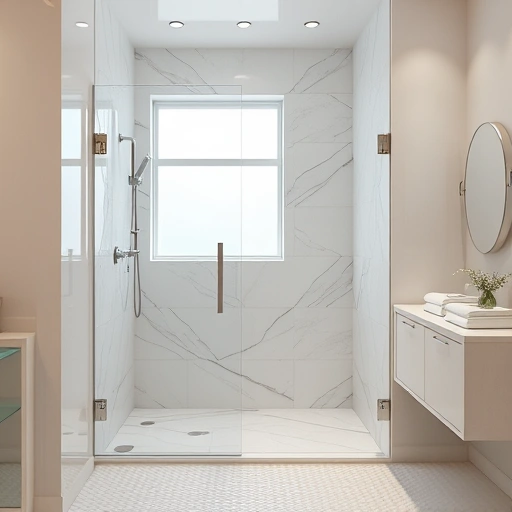 Walk-in shower installation in Phoenix with elegant marble tiles, chrome fixtures, and a rainfall showerhead.