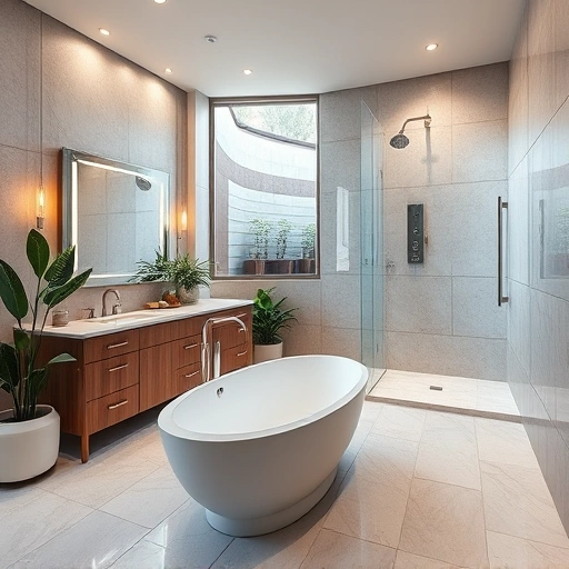 Spacious modern bathroom in Phoenix with freestanding tub, double sink vanity, and elegant stone tiles.