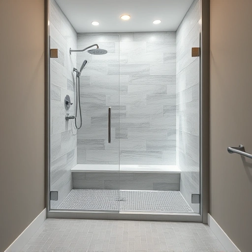 Walk-in shower renovation in Phoenix featuring gray and white tiles, glass door, rainfall showerhead, and LED lighting.