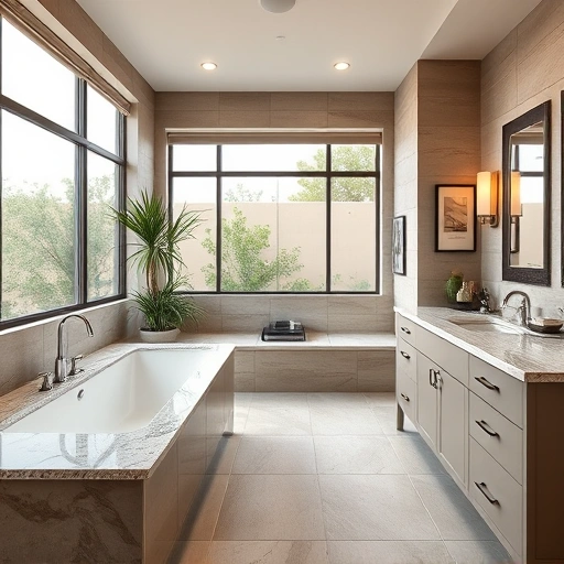 Modern bathroom remodel in Cave Creek AZ featuring freestanding tub, double vanity, and elegant tilework.