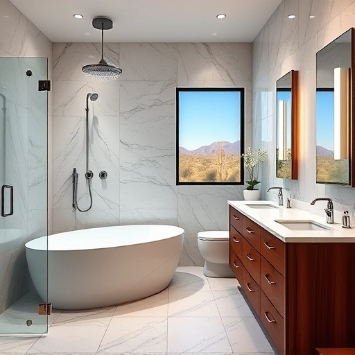 Modern bathroom remodel in Phoenix featuring a freestanding tub, marble tiles, stylish shower, and elegant vanity.
