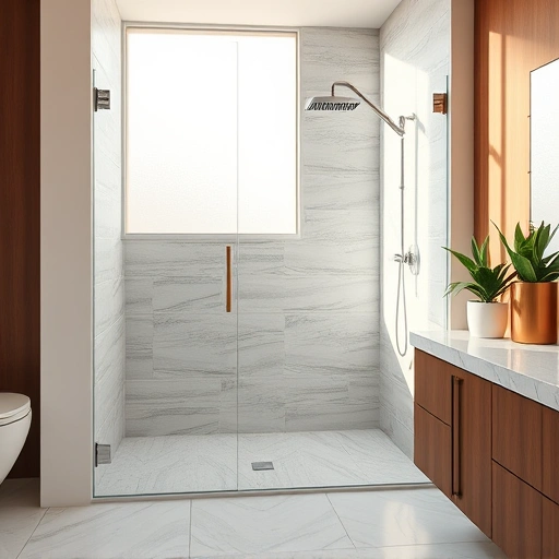Curbless shower installation in Phoenix featuring modern gray and white tiles, sleek glass enclosure, and stylish fixtures.